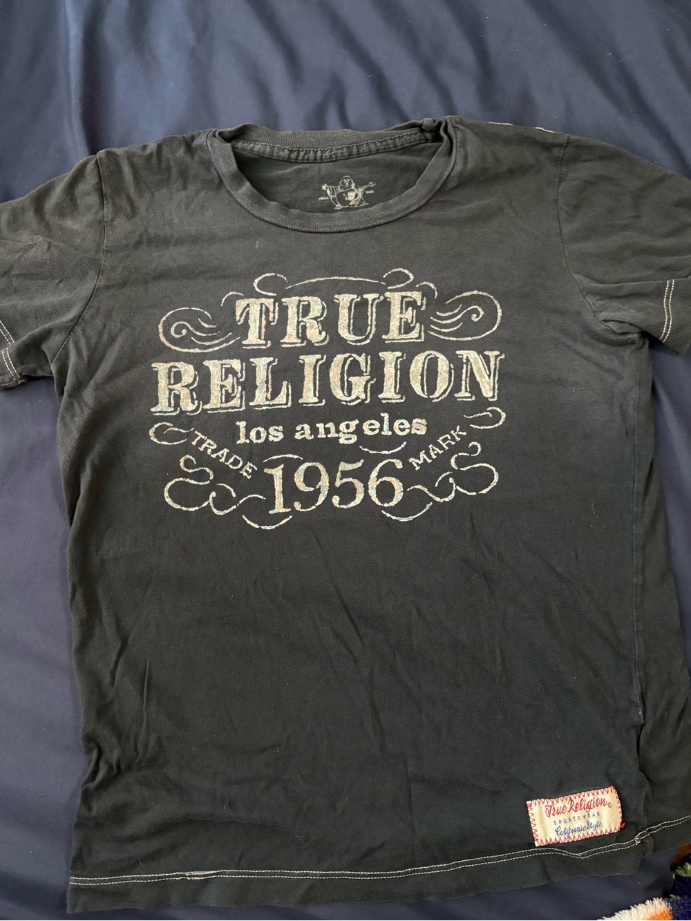 True Religion Navy Tee with Cream Patch and Red Stitching